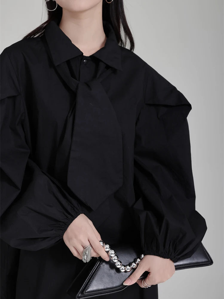 Solid Patchwork Tie Casual Minimalist Dresses For Women Lapel Puff Sleeve High Waist Mini Dress Female