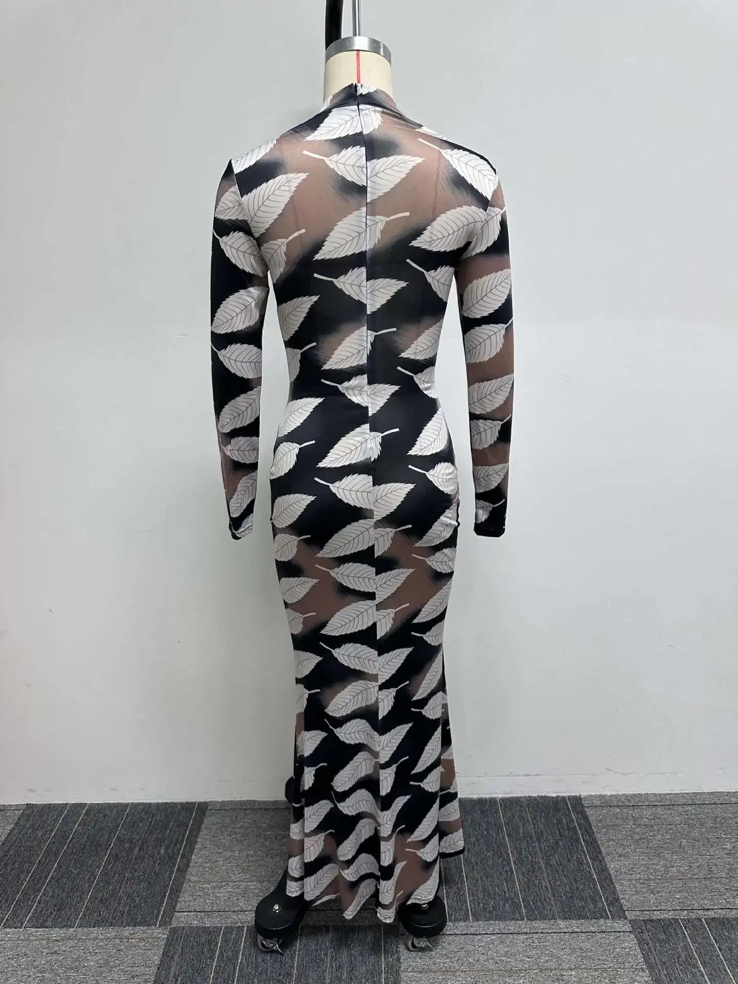 Leaf Print Long Sleeve Mermaid Dress Women Elegant Sexy Fall Winter Clothes Long Sleeve Maxi Dresses