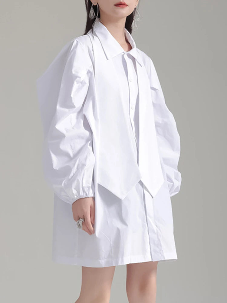 Solid Patchwork Tie Casual Minimalist Dresses For Women Lapel Puff Sleeve High Waist Mini Dress Female