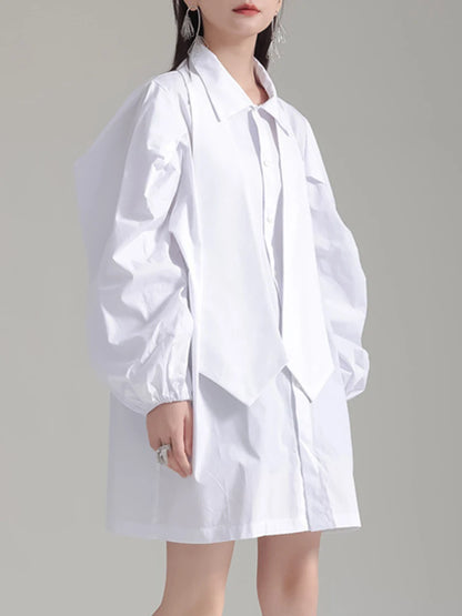 Solid Patchwork Tie Casual Minimalist Dresses For Women Lapel Puff Sleeve High Waist Mini Dress Female