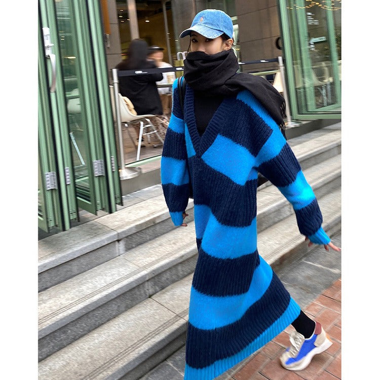 V-neck Wool Dress For Women Loose Bottomed Long Knitted Dresses