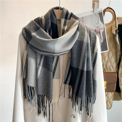 Chic Checkered Scarf for Women Men's Neck Warmer Long Fringed Versatile Couple Scarf Faux Cashmere