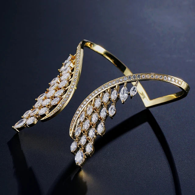 Crystal Angel Wing Open Cuff Bracelet for Women Fashion Feather Shape Adjustable Bracelets Bridal Wedding Jewelry  New