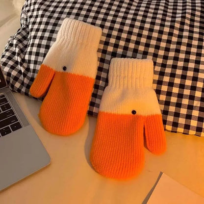 Cute Orange Cartoon Goose Gloves Polyester Thickened Winter Knitted Gloves Warmer Windproof Anti-cold Mittens Men