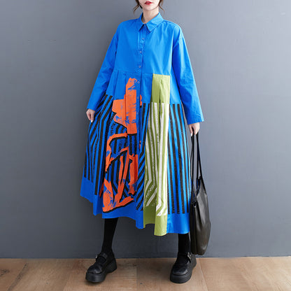 Casual Loose Plus Size Printed Patchwork Sweet Long Sleeve Dress