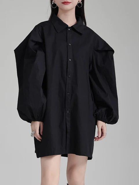 Solid Patchwork Tie Casual Minimalist Dresses For Women Lapel Puff Sleeve High Waist Mini Dress Female