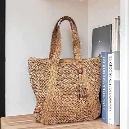 Large capacity commuting straw woven bag hand-held woven vacation style beach shoulder bag