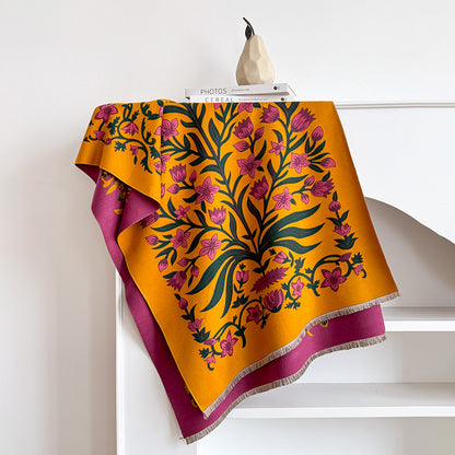 185x65cm Vintage Floral Faux Cashmere Scarf for Women, Thick Warm Neck Wrap
