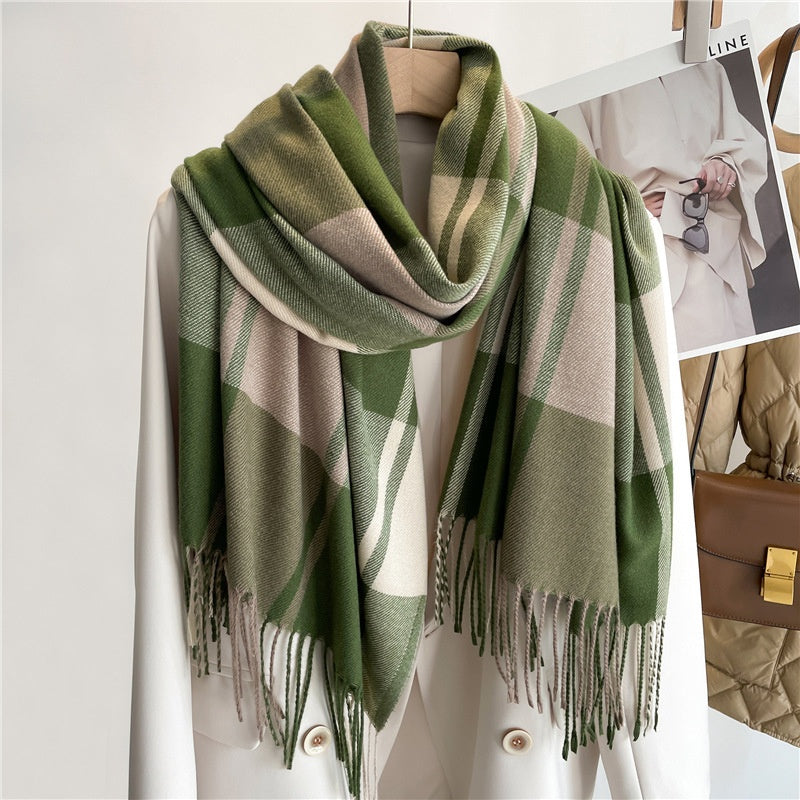 Chic Checkered Scarf for Women Men's Neck Warmer Long Fringed Versatile Couple Scarf Faux Cashmere