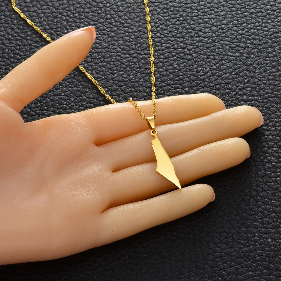 Geometric Smooth Israel and Palestine Map Necklace Stainless Steel Pendant Jewelry for Men and Women