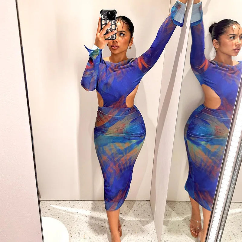 Blue Print Bodycon Dress with Sheer Mesh Sleeves Party Club Cut Out Backless Sexy Long Dresses for Women