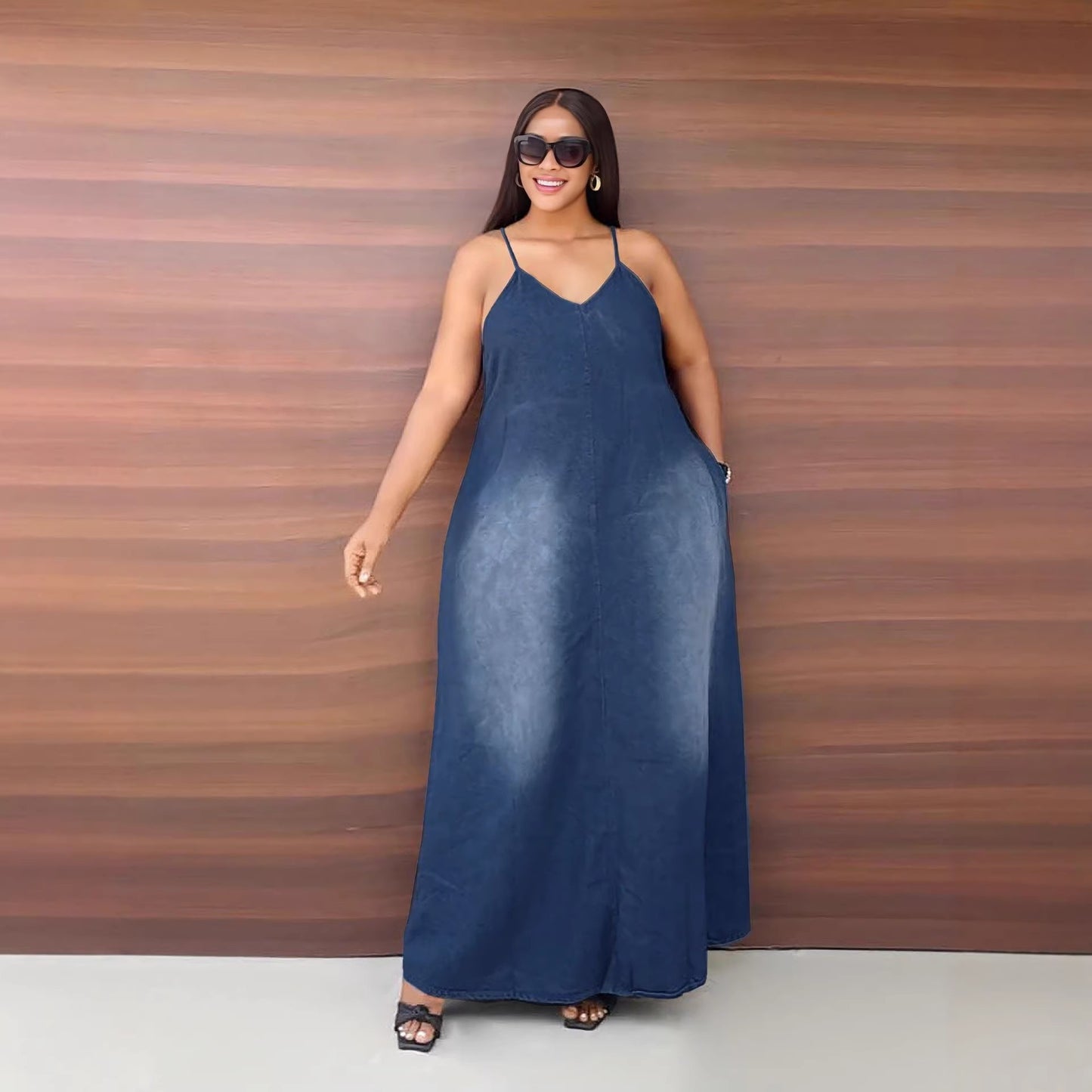 Casual Faded Side Pocket Loose Strap Denim Dress