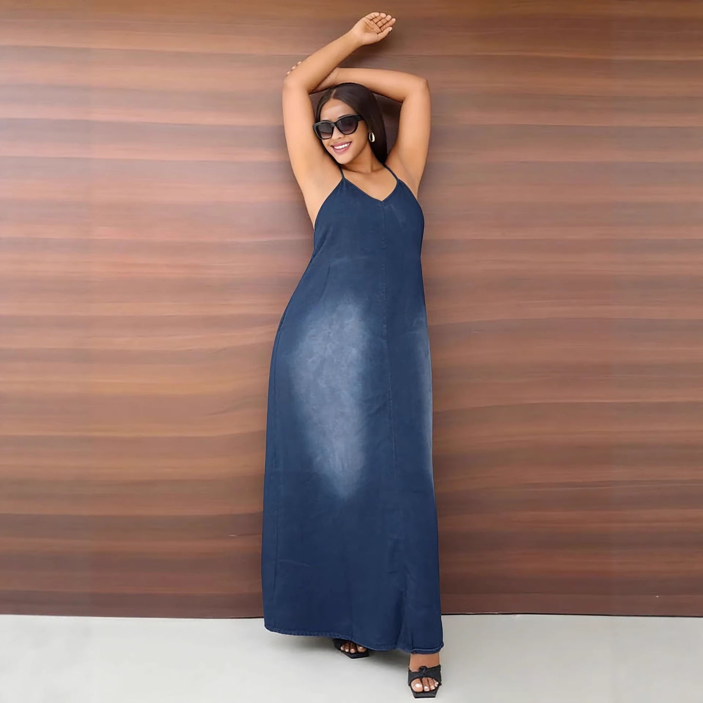 Casual Faded Side Pocket Loose Strap Denim Dress