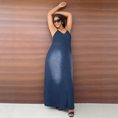Casual Faded Side Pocket Loose Strap Denim Dress