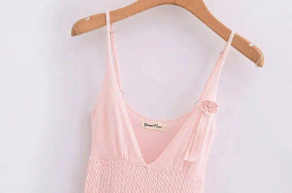 Summer Criss-cross Knitted Pink Dress Women Appliques Floral A-line Mini Dresses