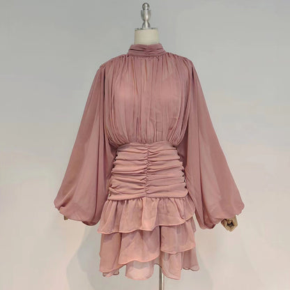 Solid Mini Dress For Women Stand Collar Long Sleeve High Waist Pacthwork Fold Dresses Female