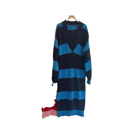 V-neck Wool Dress For Women Loose Bottomed Long Knitted Dresses