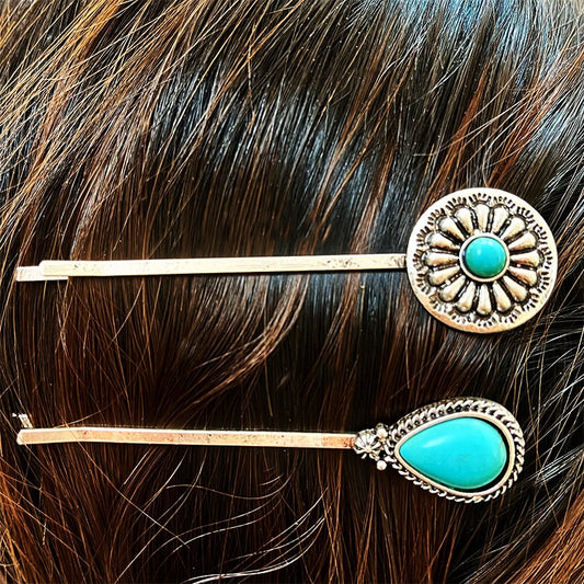 Hair Accessories Vintage Turquoise Alloy Flower Ethnic Style Western Head Clip Simple Straight Clip