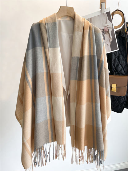 Chic Checkered Scarf for Women Men's Neck Warmer Long Fringed Versatile Couple Scarf Faux Cashmere