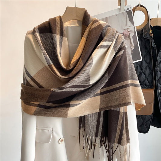 Chic Checkered Scarf for Women Men's Neck Warmer Long Fringed Versatile Couple Scarf Faux Cashmere