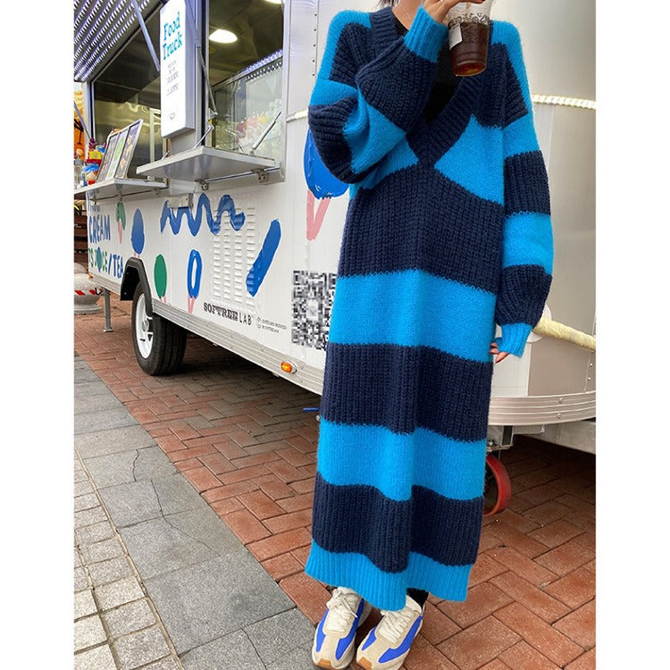V-neck Wool Dress For Women Loose Bottomed Long Knitted Dresses