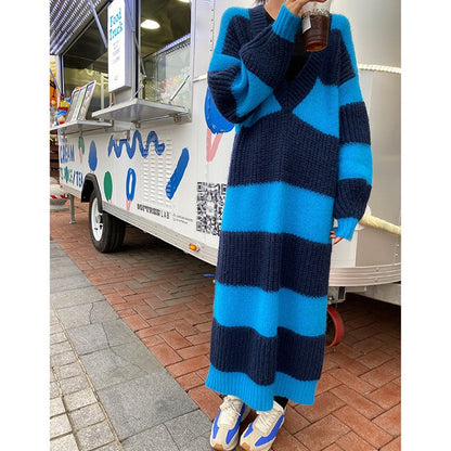 V-neck Wool Dress For Women Loose Bottomed Long Knitted Dresses