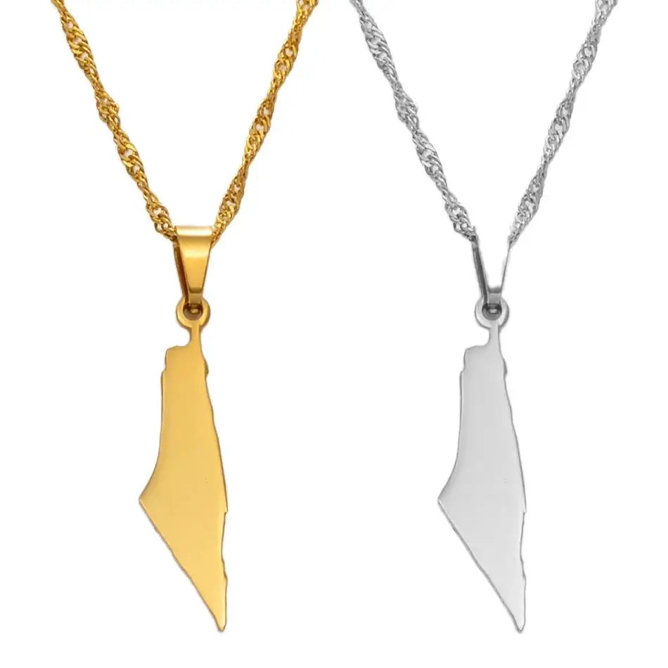 Geometric Smooth Israel and Palestine Map Necklace Stainless Steel Pendant Jewelry for Men and Women