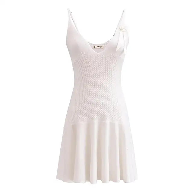 Summer Criss-cross Knitted Pink Dress Women Appliques Floral A-line Mini Dresses
