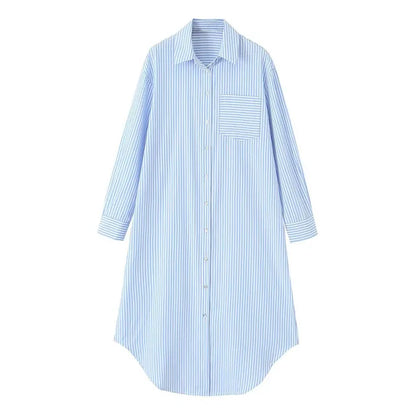 TRAF Stripe Shirt Dress Women  Fashion Loose Long Dresses For Woman Clothing Irregular Casual Dress Vintage Ladies Dresses