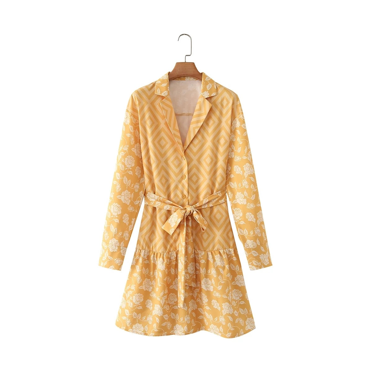 Mini Dress Woman Printed Turn Down Collar Summer Dresses For Women Long Sleeve Casual Dresses Tied Belt Female Dress