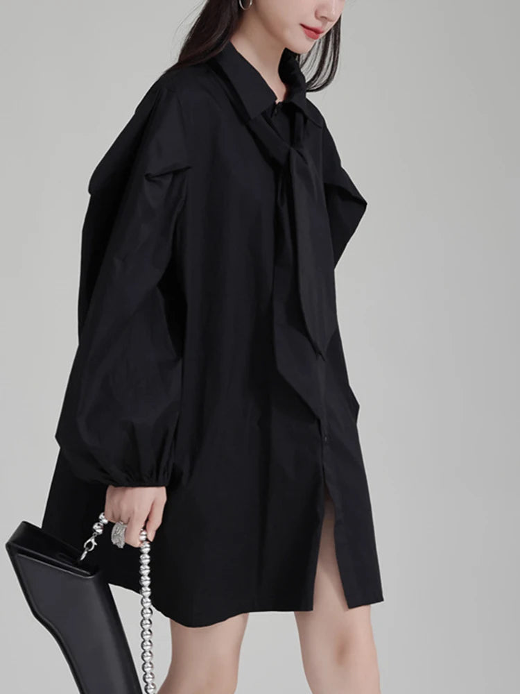 Solid Patchwork Tie Casual Minimalist Dresses For Women Lapel Puff Sleeve High Waist Mini Dress Female