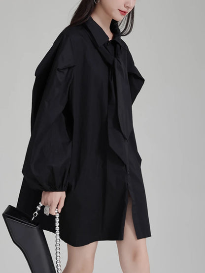 Solid Patchwork Tie Casual Minimalist Dresses For Women Lapel Puff Sleeve High Waist Mini Dress Female