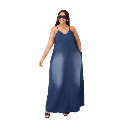 Casual Faded Side Pocket Loose Strap Denim Dress