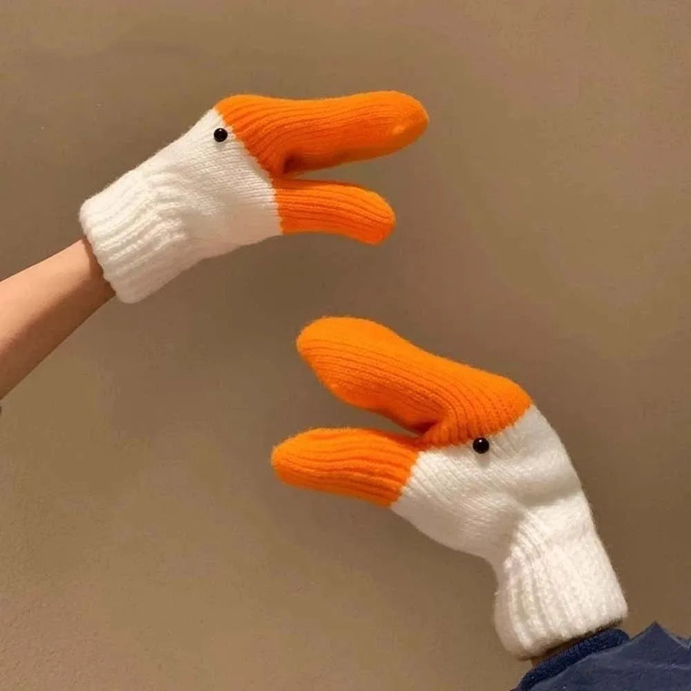 Cute Orange Cartoon Goose Gloves Polyester Thickened Winter Knitted Gloves Warmer Windproof Anti-cold Mittens Men