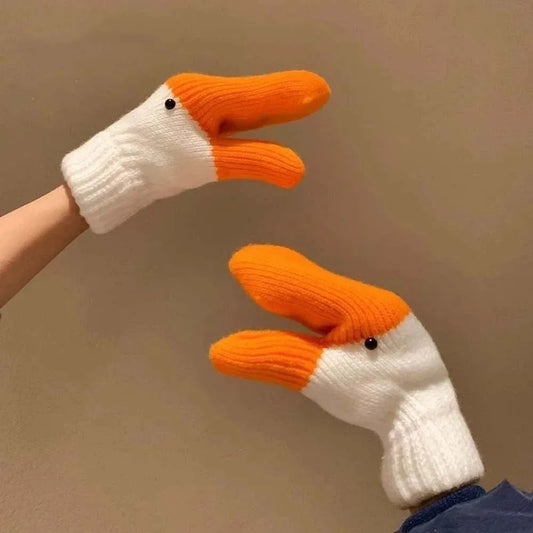 Cute Orange Cartoon Goose Gloves Polyester Thickened Winter Knitted Gloves Warmer Windproof Anti-cold Mittens Men