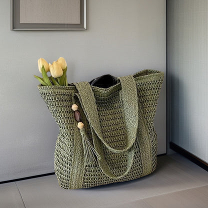 Large capacity commuting straw woven bag hand-held woven vacation style beach shoulder bag