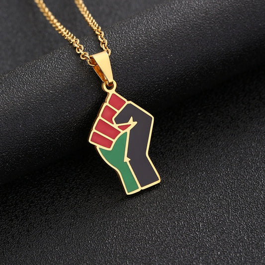 African Fist Symbol Pendant Necklace for Men and Women Geometric Titanium Steel Couple Necklace Fashion Jewelry