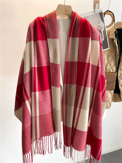 Chic Checkered Scarf for Women Men's Neck Warmer Long Fringed Versatile Couple Scarf Faux Cashmere