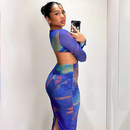 Blue Print Bodycon Dress with Sheer Mesh Sleeves Party Club Cut Out Backless Sexy Long Dresses for Women