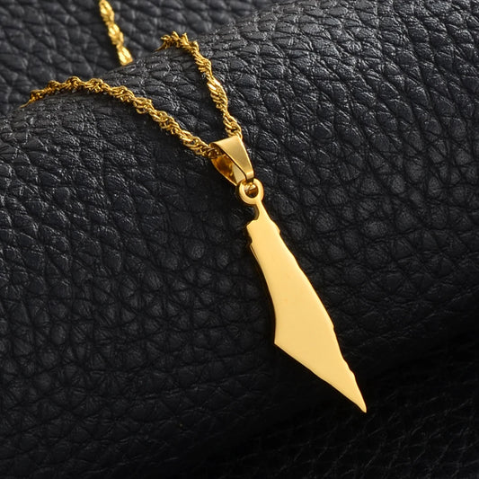 Geometric Smooth Israel and Palestine Map Necklace Stainless Steel Pendant Jewelry for Men and Women