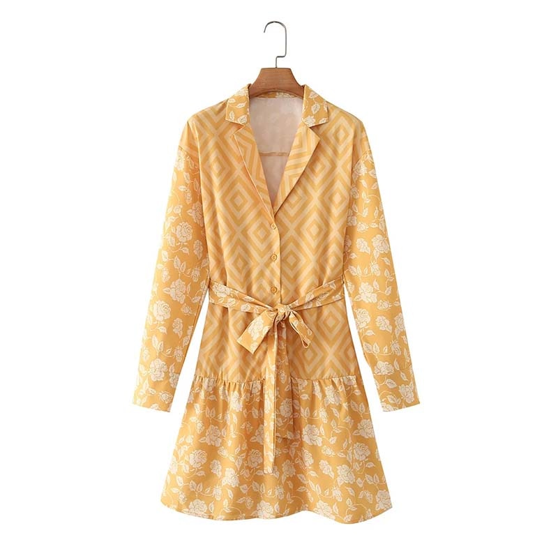 Mini Dress Woman Printed Turn Down Collar Summer Dresses For Women Long Sleeve Casual Dresses Tied Belt Female Dress