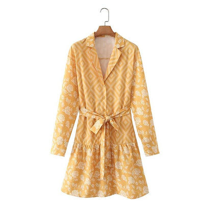 Mini Dress Woman Printed Turn Down Collar Summer Dresses For Women Long Sleeve Casual Dresses Tied Belt Female Dress