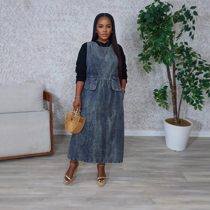 Casual Round Neck Loose Mid-Length Washed Sleeveless Dress