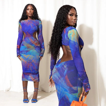 Blue Print Bodycon Dress with Sheer Mesh Sleeves Party Club Cut Out Backless Sexy Long Dresses for Women