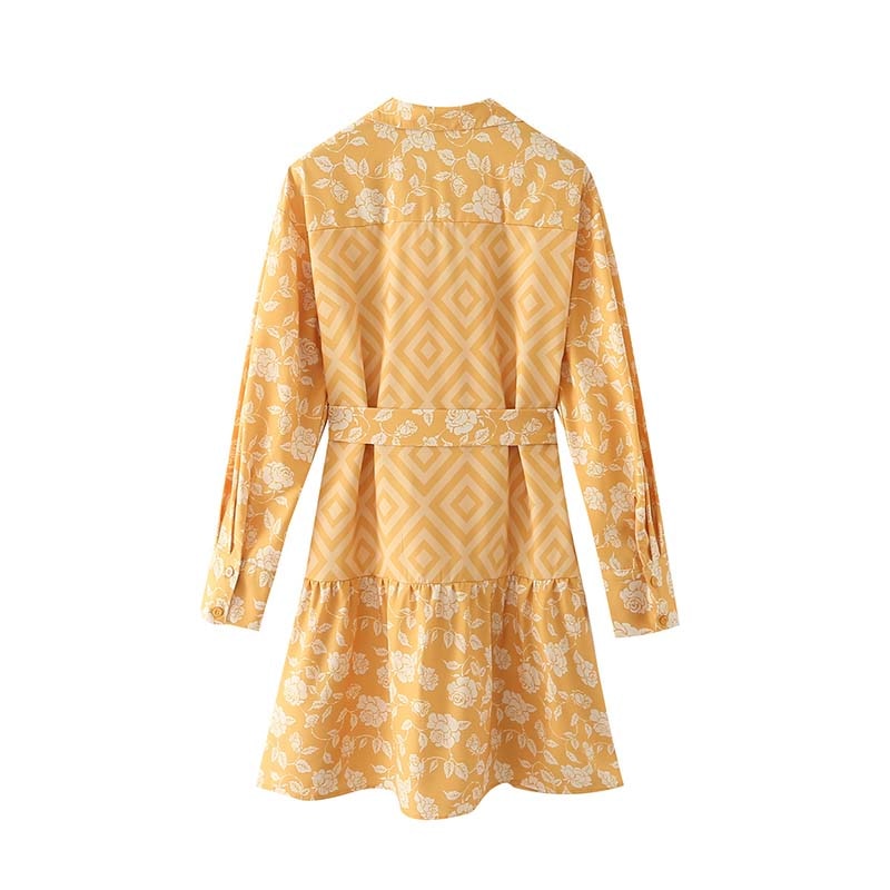 Mini Dress Woman Printed Turn Down Collar Summer Dresses For Women Long Sleeve Casual Dresses Tied Belt Female Dress