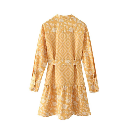 Mini Dress Woman Printed Turn Down Collar Summer Dresses For Women Long Sleeve Casual Dresses Tied Belt Female Dress