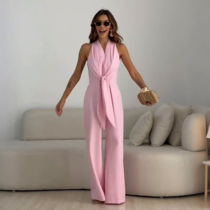 Solid Color Sleeveless V-Neck Pants