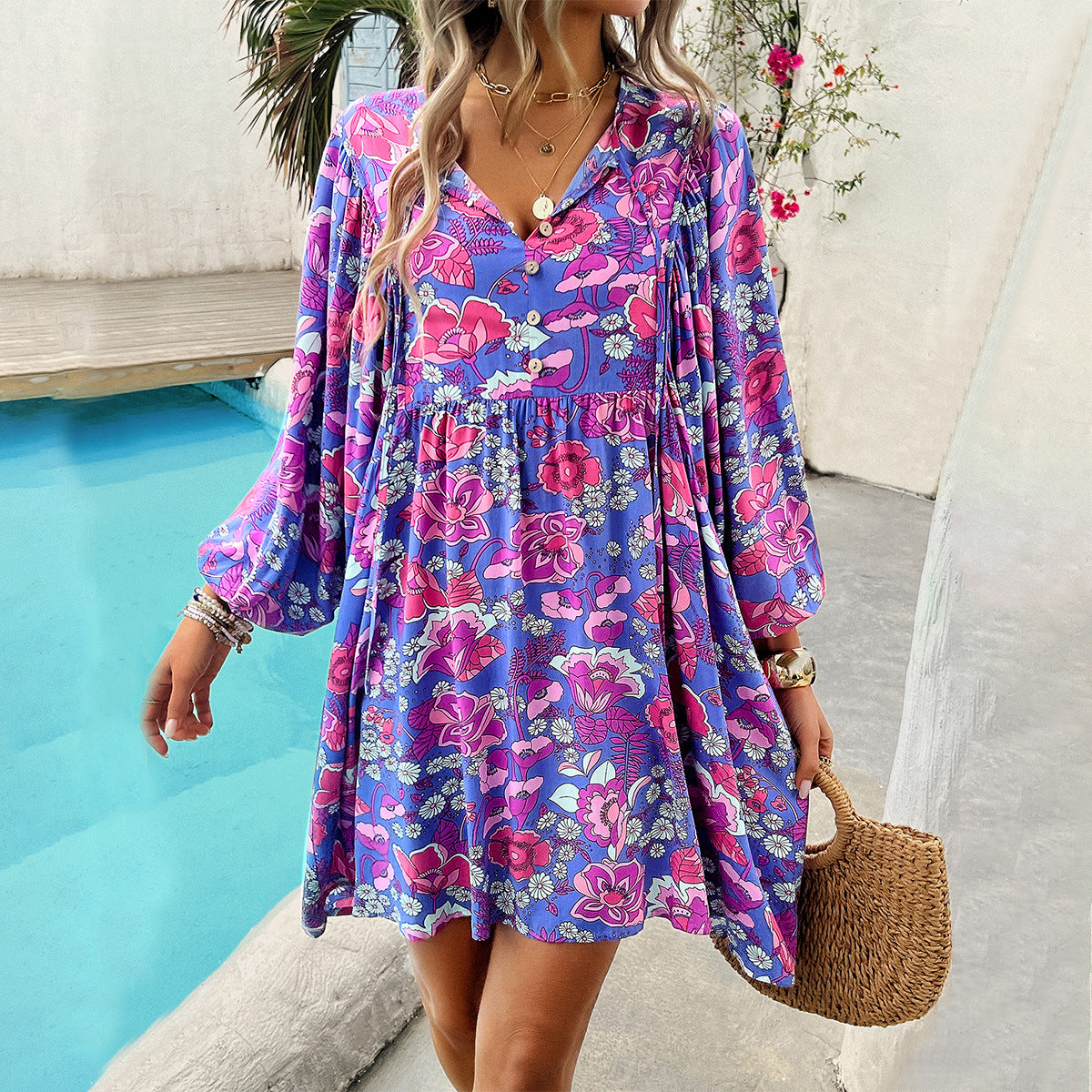 Printed Long-Sleeve Dress